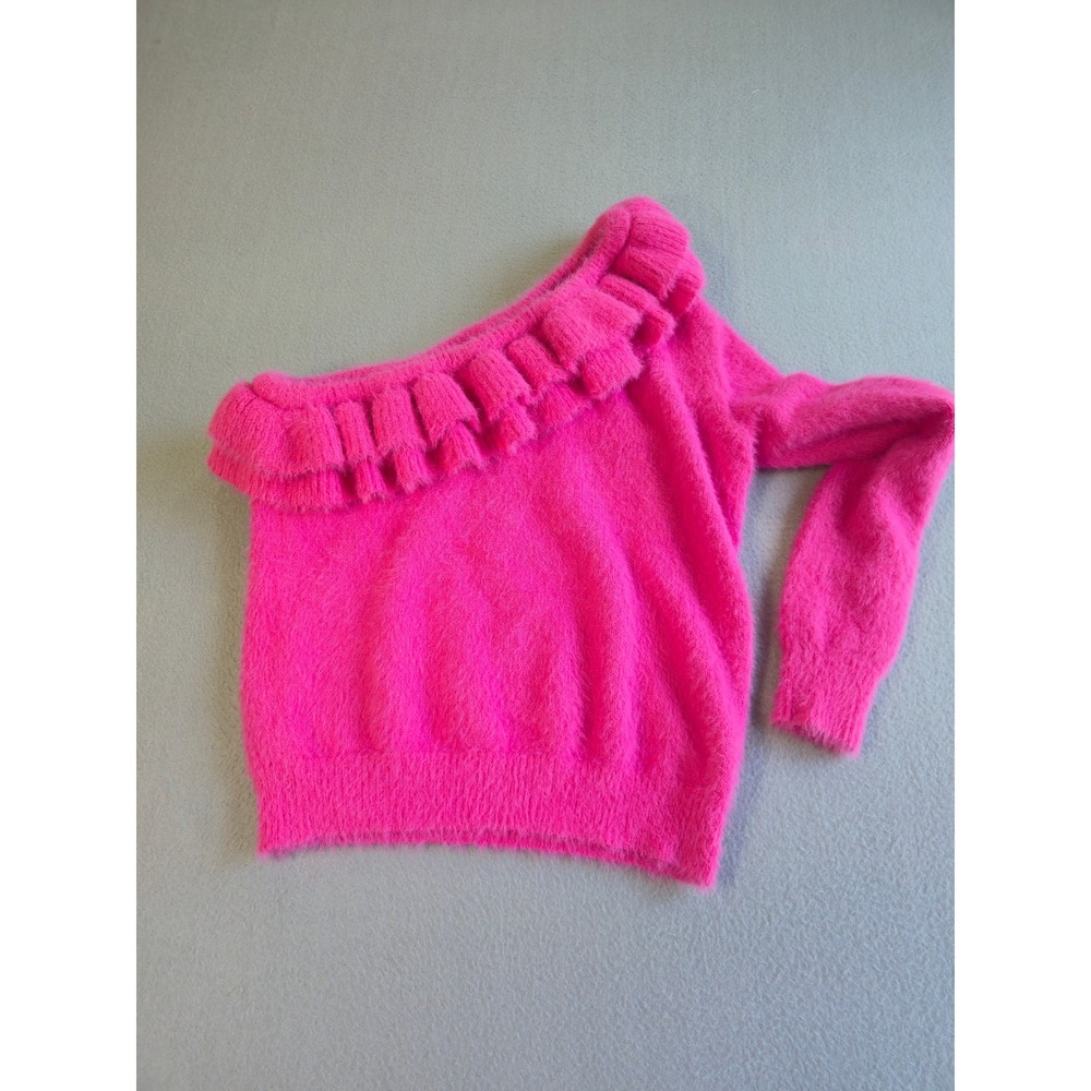 DO+BE One Shoulder Sweater Womens Medium Pink Fuzzy Ruffle Eyelash Knit V18773